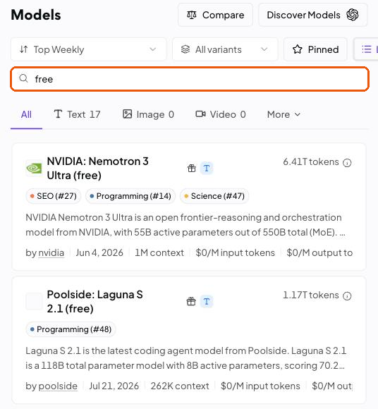 OpenRouter’s model list searched for ‘free’, showing NVIDIA Nemotron 3 Ultra (free) and Poolside Laguna S 2.1 (free).