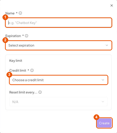 OpenRouter’s New Key form with its four parts numbered: Name, Expiration, Credit limit, and the Create button.