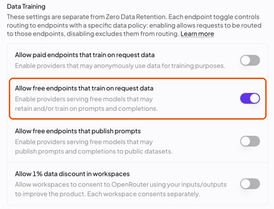 OpenRouter’s privacy settings, Data Training section, with the switch ‘Allow free endpoints that train on request data’ turned on and the others off.