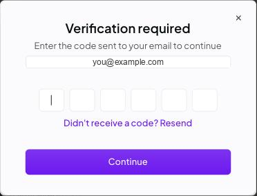 OpenRouter’s Verification required dialog with six boxes for the code and a Continue button.